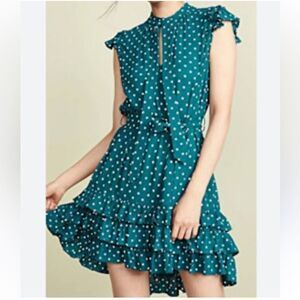Zimmermann Polka Dot Mini Dress Green Ruffle Sleeve Belt Size 6